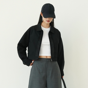 SIMPLY 飞行员夹克外套女 PUT棉锦布黑色宽松木耳边防风短款