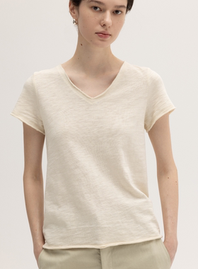 SIMPLY PUT夏季新品竹节棉V领卷边细节一片式舒适宽松简约短袖T恤
