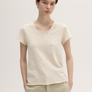 舒适宽松简约短袖 SIMPLY 竹节棉V领卷边细节一片式 新品 T恤 PUT夏季