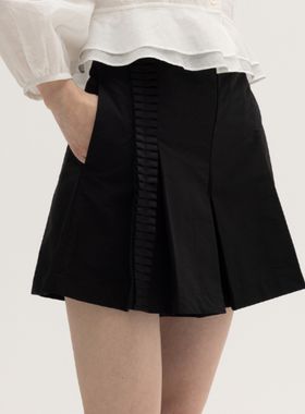 SIMPLY PUT精致棉锦布褶裥裙摆木耳边装饰气质通勤黑色短裙裤女