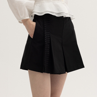 女 饰气质通勤黑色短裙裤 SIMPLY PUT精致棉锦布褶裥裙摆木耳边装