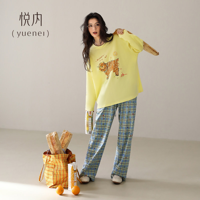 悦内睡衣女款春秋季春天纯棉长袖圆领家居服休闲大码卡通格纹套装