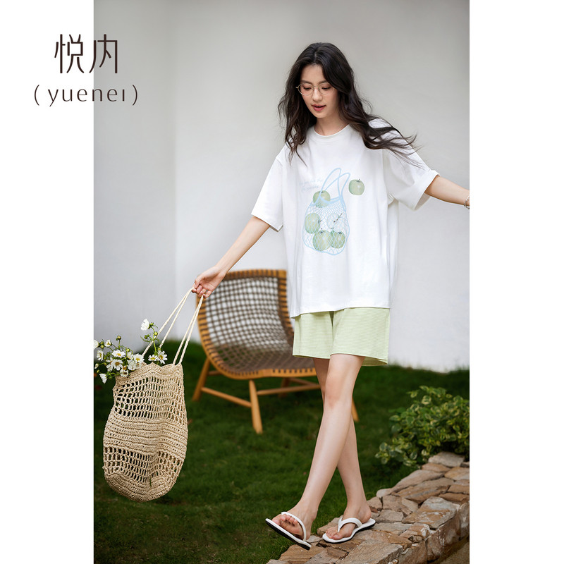 悦内带胸垫睡衣女士夏季夏款纯棉短袖短裤家居服大码休闲水果套装