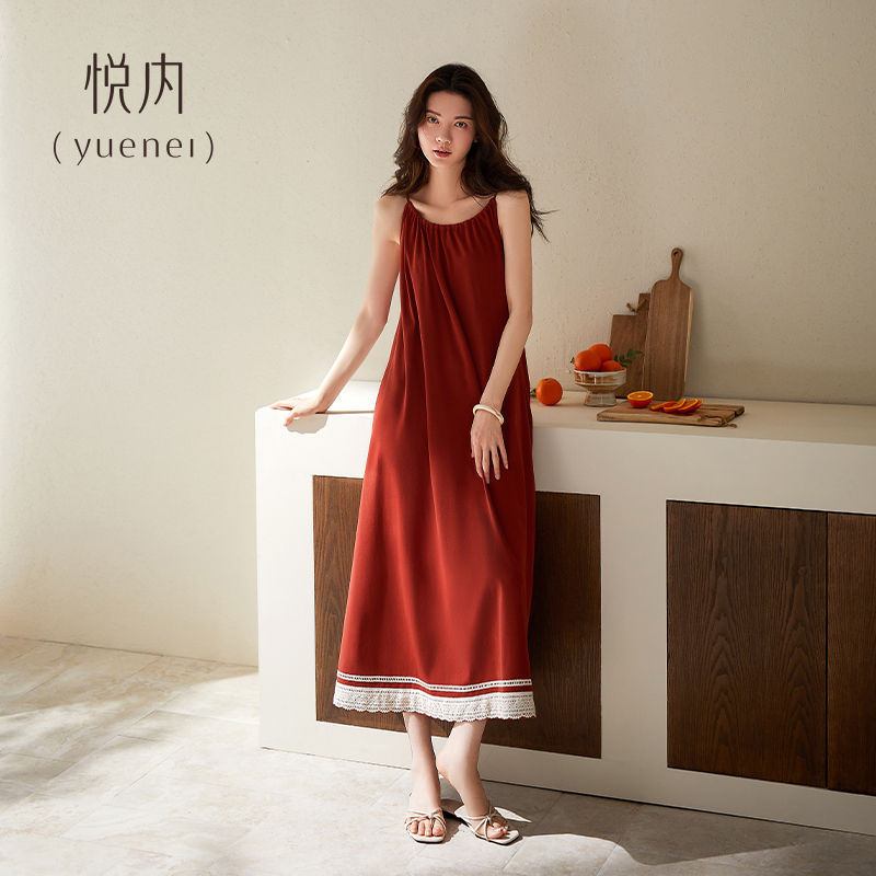 悦内带胸垫一体吊带睡裙女睡衣夏季夏天纯棉长款高级感可外穿红色