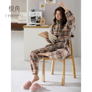 悦内睡衣女秋冬季 加绒加厚珊瑚绒法兰绒家居服可外穿出门格子 冬款