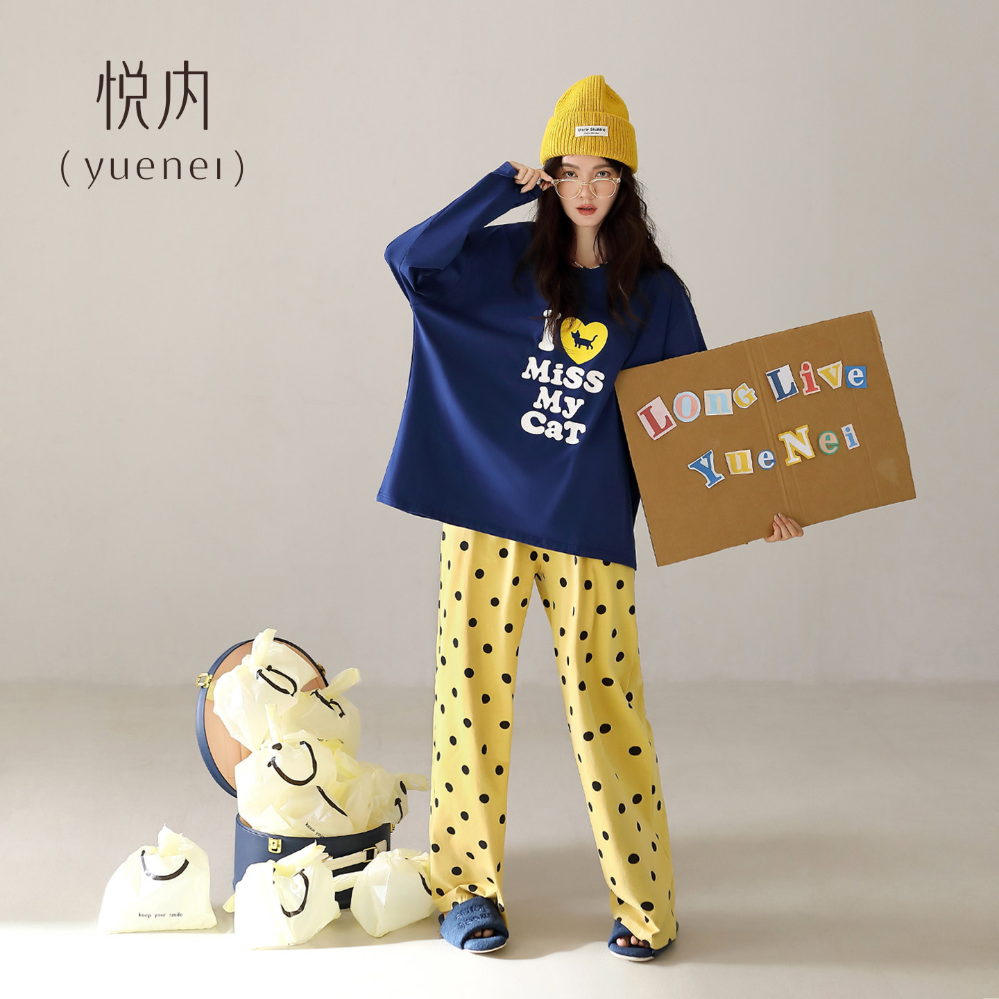 悦内睡衣女春秋款秋季纯棉长袖新款家居服大码时尚休闲圆领爱心猫