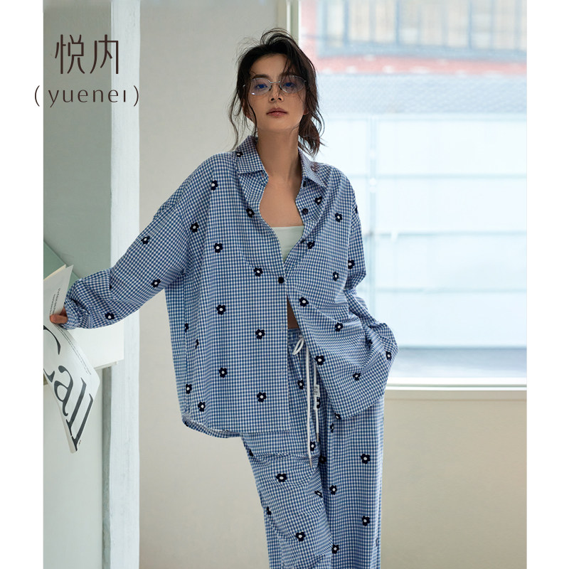 悦内睡衣女春秋季纯棉长袖长裤家居服时尚休闲格纹大码开衫可外穿,女士内衣/男士内衣/家居服,睡衣/家居服套装,淘宝优惠券,粉丝福利购,淘宝优惠卷