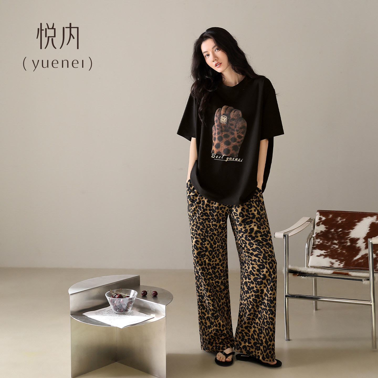 悦内睡衣女夏季纯棉短袖长裤大码家居服夏天时尚休闲豹纹圆领套装