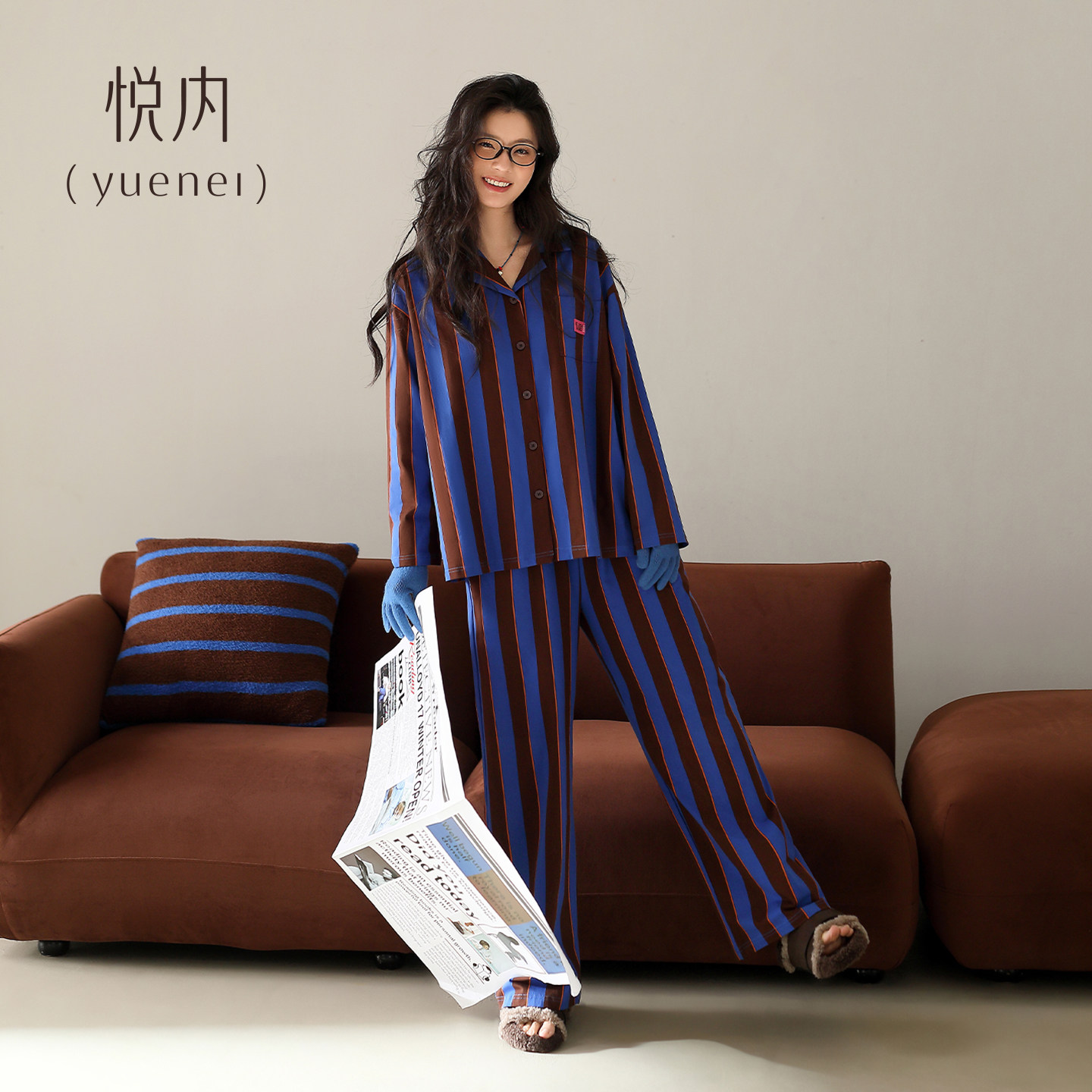 悦内睡衣女款春秋纯棉长袖长裤大码家居服秋天时尚条纹开衫复古风