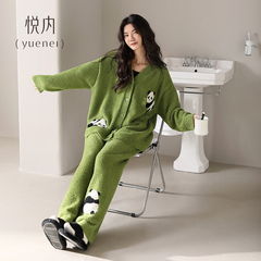 悦内半边绒睡衣女款秋冬季冬款珊瑚绒加绒加厚保暖家居服绿色熊猫