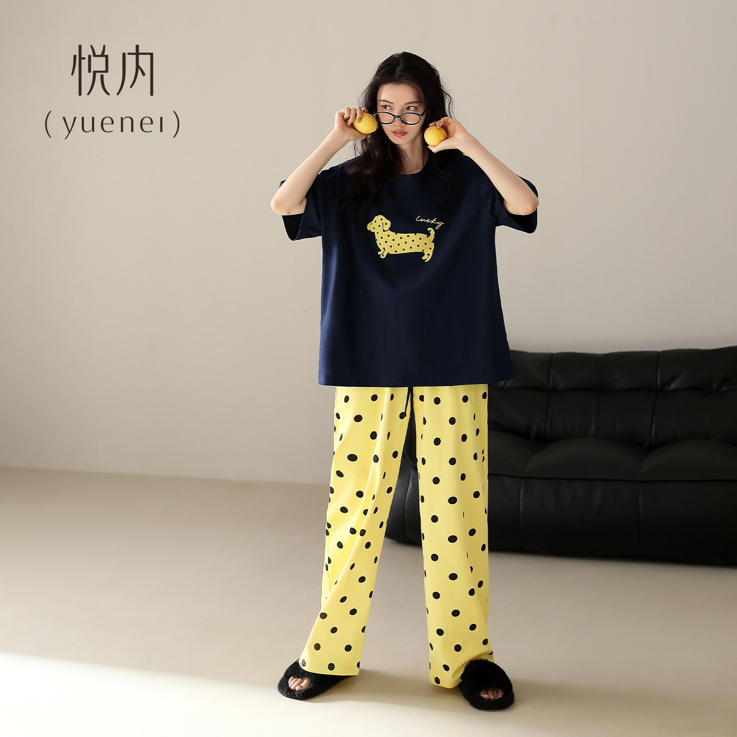 悦内睡衣女士夏季纯棉短袖长裤新款家居服夏天休闲圆领套头腊肠狗