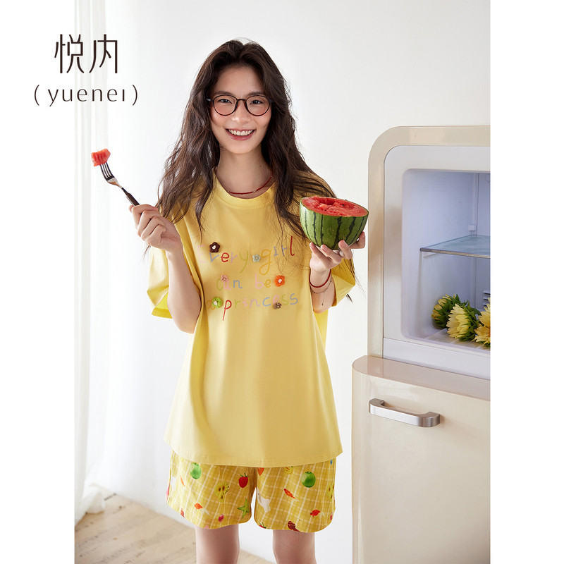 悦内睡衣女款夏季纯棉短袖半袖新款家居服时尚少女休闲宽松可外穿
