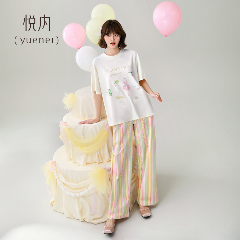 悦内带胸垫睡衣女款夏季春季纯棉短袖长裤大码薄家居服可外穿少女