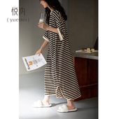 大码 长裙家居服夏款 条纹休闲可外穿 纯棉短袖 悦内睡裙女士睡衣夏季