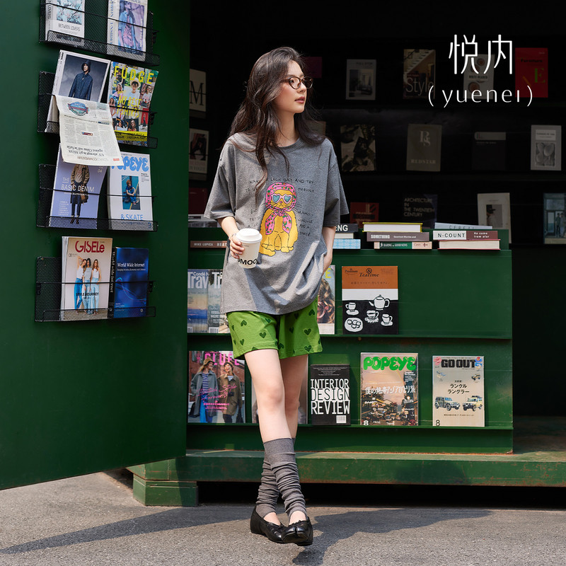 悦内睡衣女夏季短袖短裤纯棉新款家居服圆领时尚休闲卡通猫可外穿