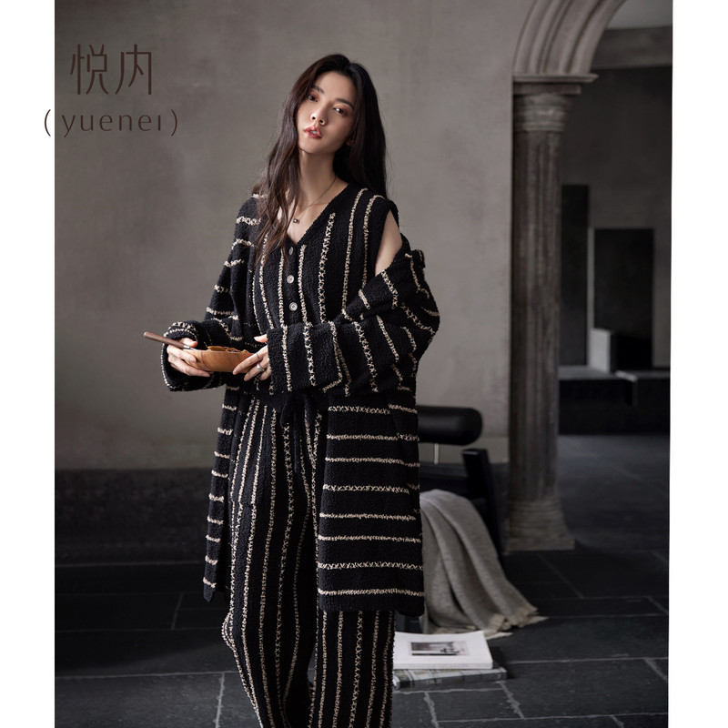 悦内半边绒睡衣女士冬季冬天珊瑚绒加绒加厚保暖睡袍家居服三件套
