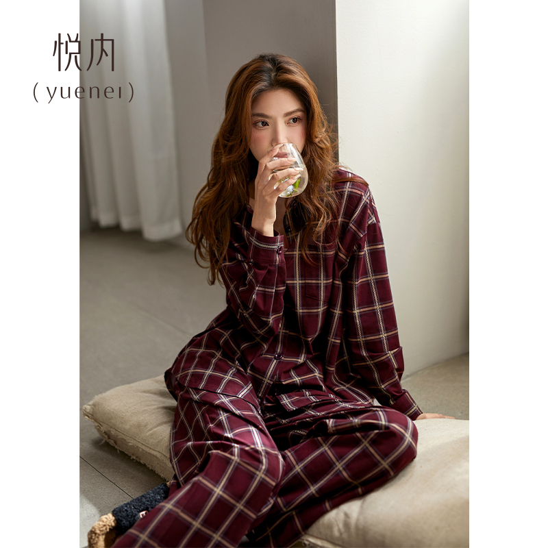 悦内睡衣女款春秋季纯棉长袖家居服时尚大码复古红休闲格子可外穿