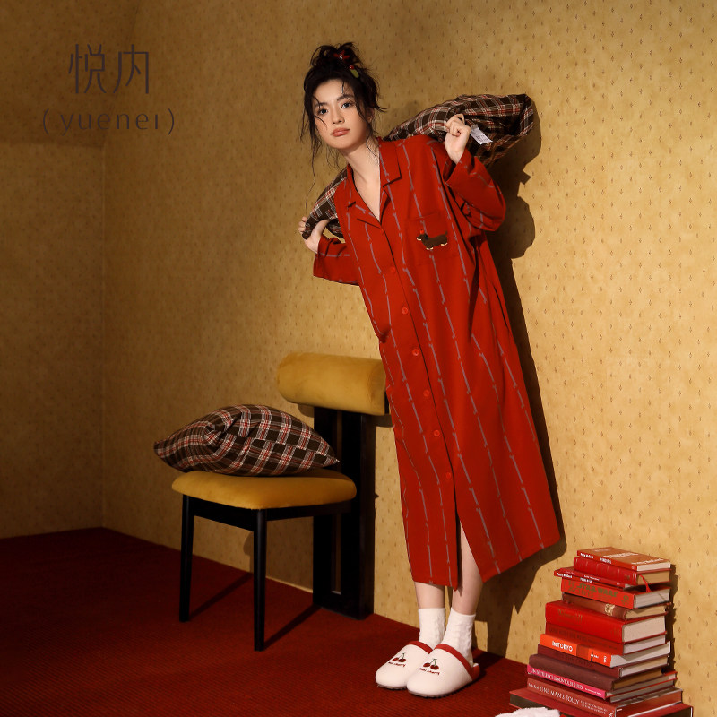 悦内睡裙女睡衣春秋季纯棉长袖长款宽松大码条纹开衫大红色本命年