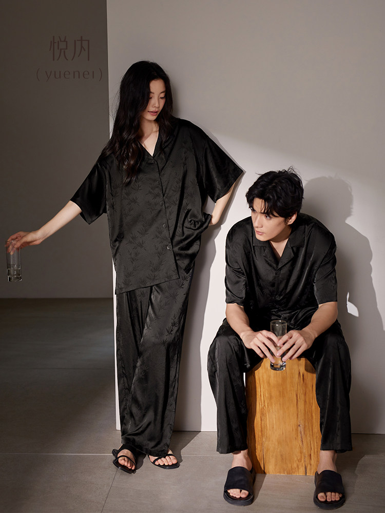 悦内情侣睡衣女夏季夏款冰丝绸短袖长裤彷真丝家居服男黑色高级感
