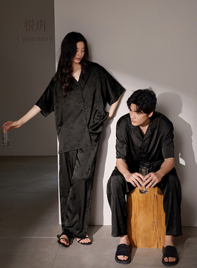 悦内情侣睡衣女夏季夏款冰丝绸短袖长裤彷真丝家居服男黑色高级感