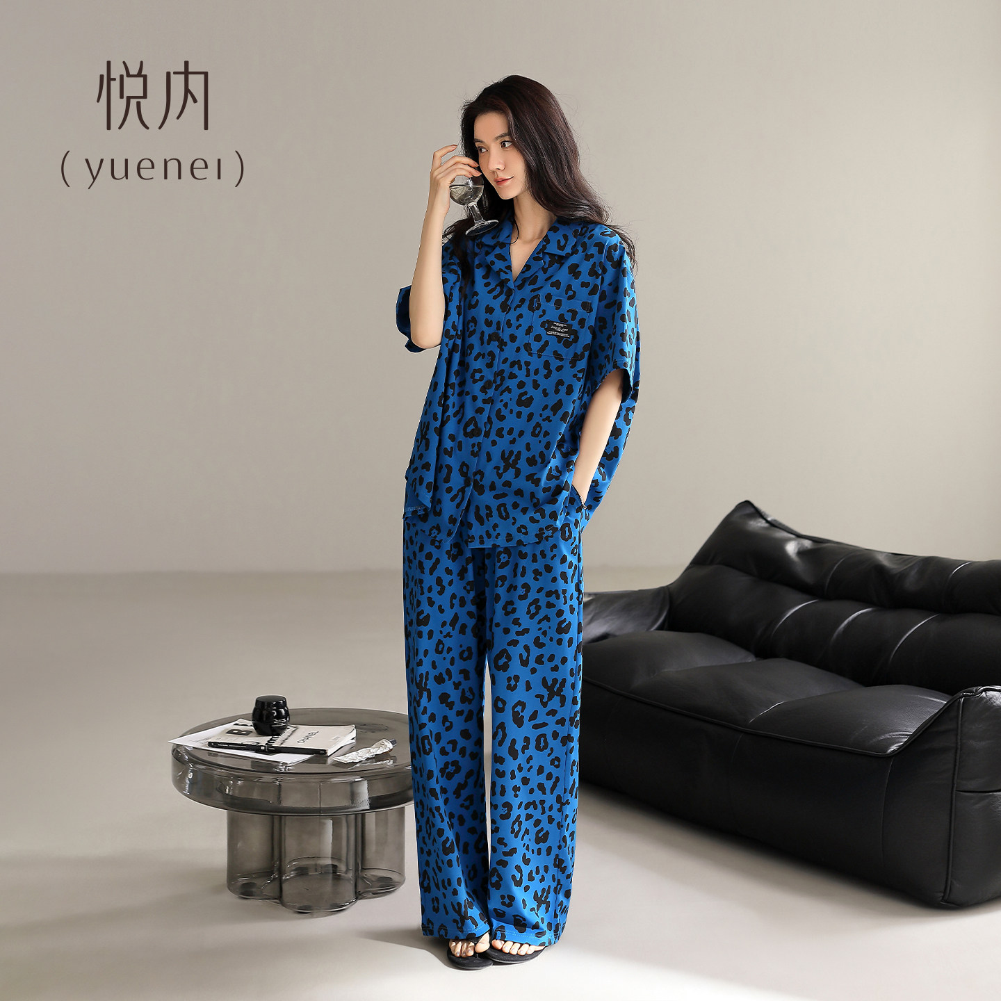 悦内睡衣女士纯棉夏季短袖长裤新款家居服时尚豹纹蓝色高级感开衫
