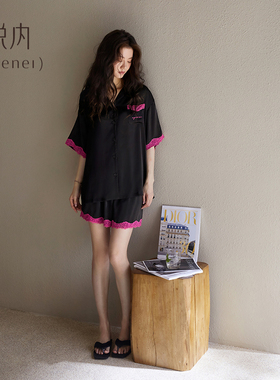 悦内睡衣女款夏季冰丝绸短袖短裤家居服夏款丝绸仿真丝黑色高级感