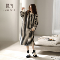 悦内半边绒睡裙女睡衣秋冬季冬款珊瑚绒加厚加绒保暖大码条纹长款