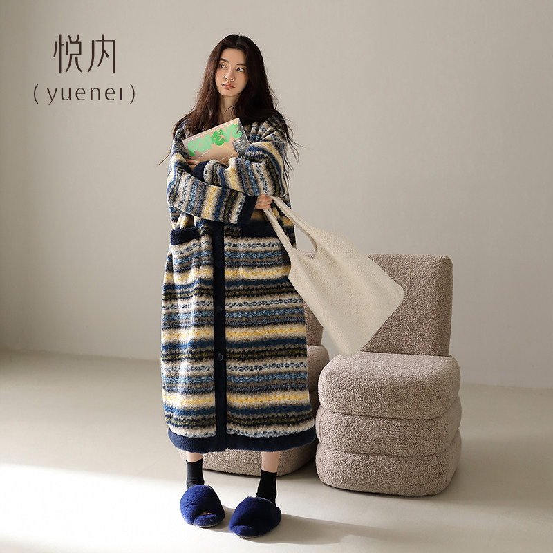 悦内睡裙女睡衣冬季冬天法兰绒加绒加厚珊瑚绒长款大码睡袍费尔岛