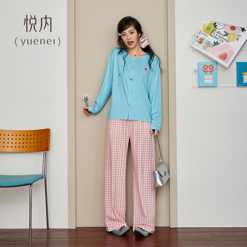 悦内睡衣女士春季春秋款纯棉长袖家居服休闲大码开衫衬衫彩色纽扣