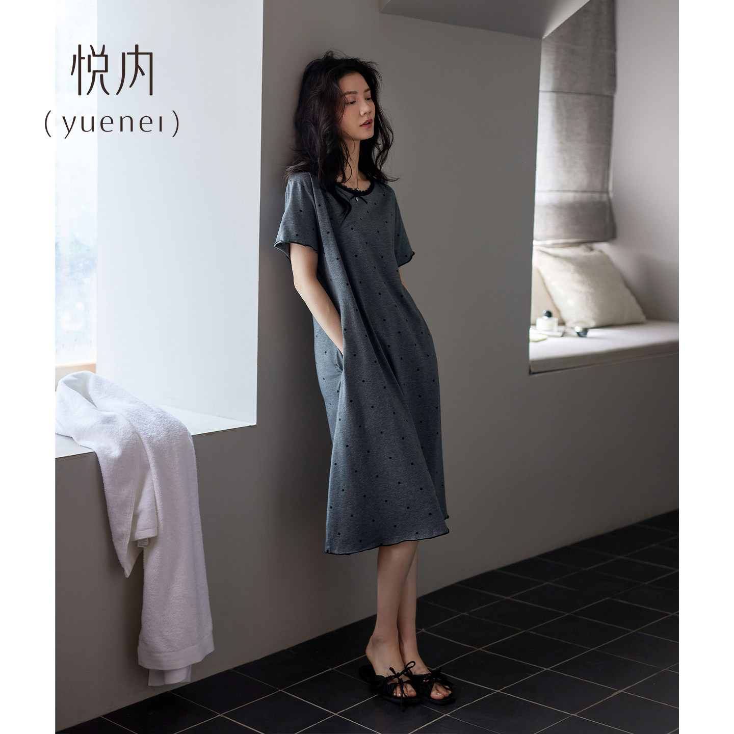 悦内带胸垫睡裙女睡衣夏季纯棉短袖家居服大码圆领休闲可外穿裙子