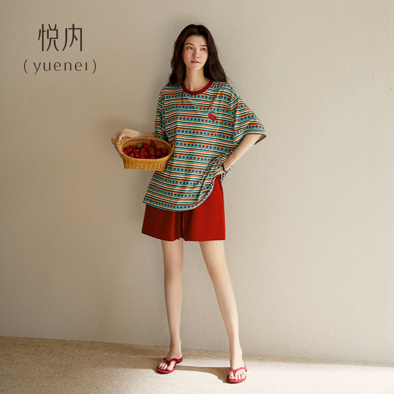 悦内睡衣女款夏季夏款纯棉短袖短裤家居服休闲圆领可爱樱桃可外穿