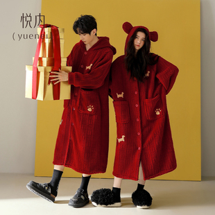 保暖 加厚加绒珊瑚绒红色本命年长款 悦内情侣睡袍女睡衣男款 秋冬季