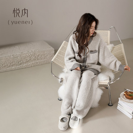 悦内半边绒睡衣女秋冬款冬季珊瑚绒加绒加厚冬天毛绒家居服小香风