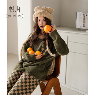 悦内半边绒睡衣女款 珊瑚绒加绒加厚保暖家居服休闲套头圆领 秋冬季