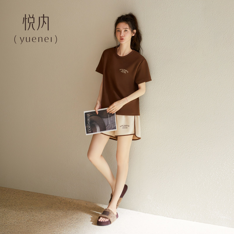 悦内带胸垫睡衣女款夏季纯棉短袖短裤家居服时尚复古休闲运动套装