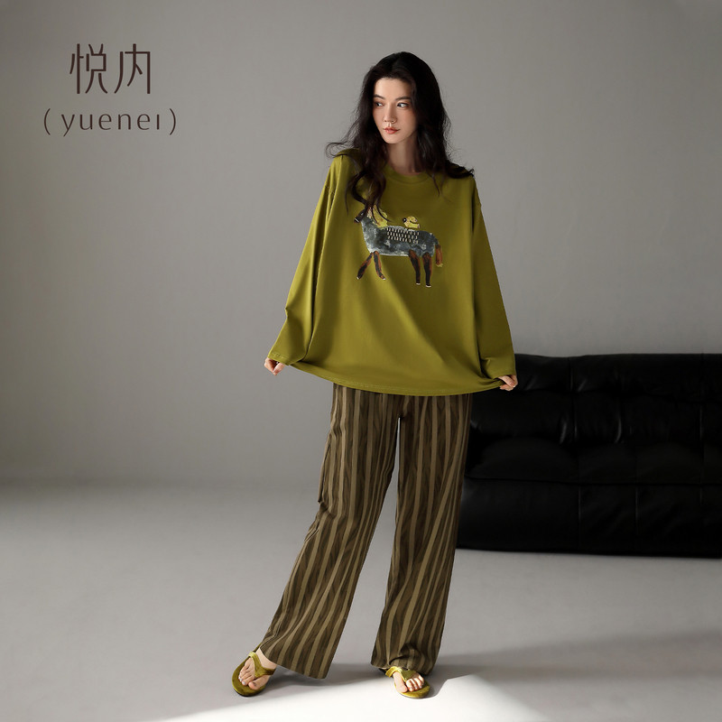 悦内睡衣女士春秋款秋季纯棉长袖长裤大码家居服时尚休闲复古森系
