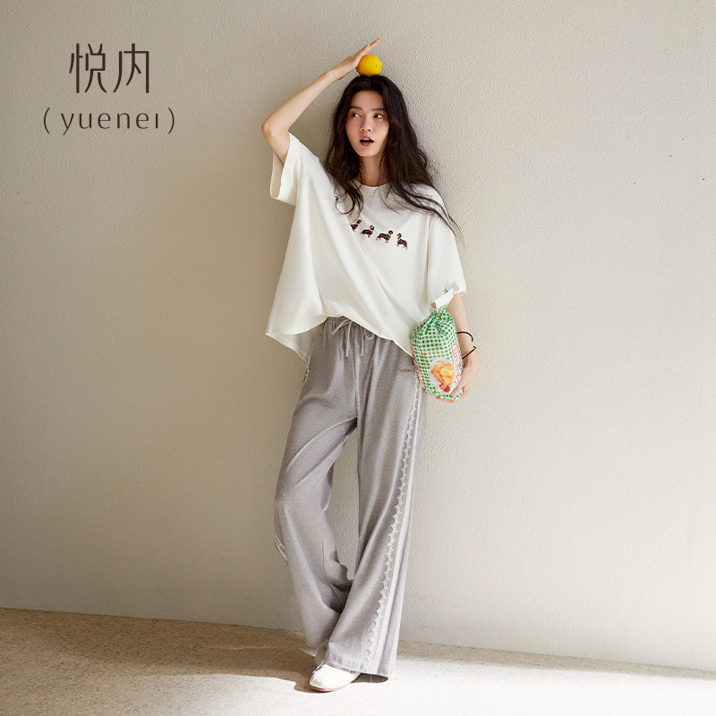 悦内带胸垫一体睡衣女夏季纯棉短袖长裤家居服夏天休闲宽松腊肠狗