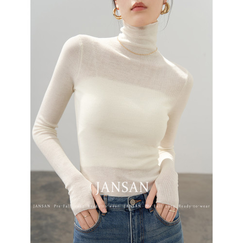 见衫JANSAN 经典新澳美丽诺羊毛高领修身显瘦指套百搭针织打底衫