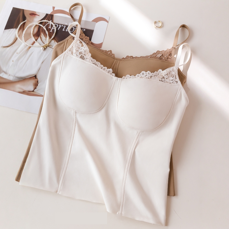 性感蕾丝吊带背心女保暖带胸垫一体绒微磨毛无痕美背秋冬内搭上衣