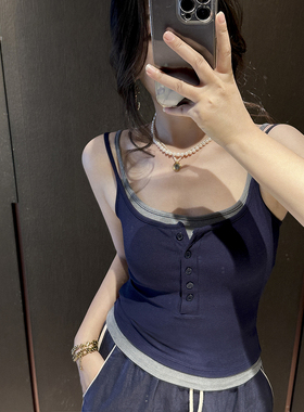 Sorrytin莞全不出错的底子 免bra假两件撞色真丝晓星氨纶吊带背心