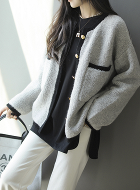 Sorrytin 呵护老客 贴心温暖 拼色小香圈圈绒加密羊绒针织开衫