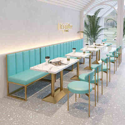 奶茶店桌椅组合轻奢铁艺长条凳餐饮咖啡商用餐厅甜品靠墙卡座沙发