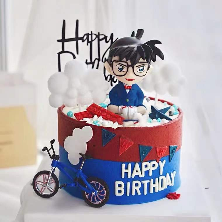 名侦探柯南蛋糕装饰自行车单车摆件摇头公仔侦探男孩生日烘焙插件