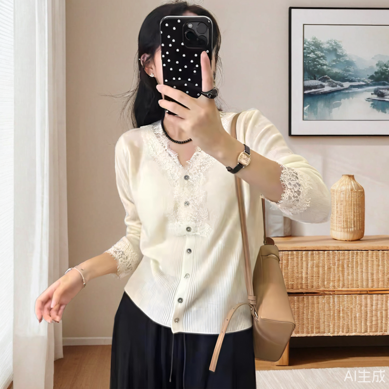 设计感蕾丝拼接V领针织毛衣开衫女春秋冬韩系博主风修身打底上衣