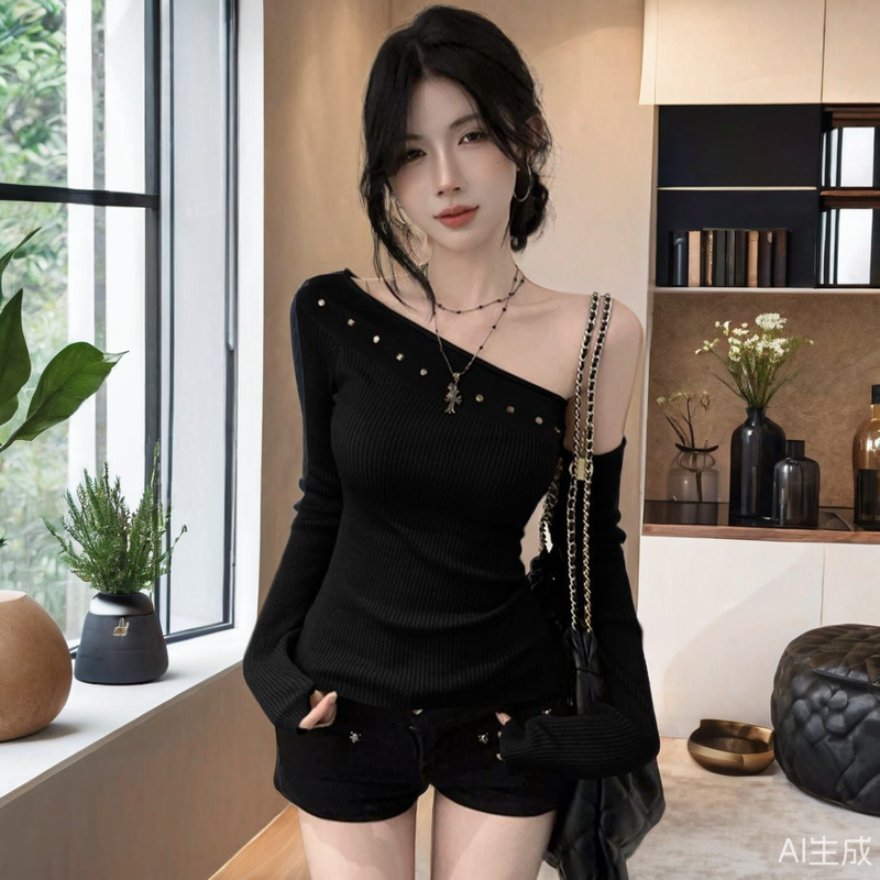 美式甜酷辣妹chic铆钉斜领露肩长袖T恤女装港味褶皱收腰打底上衣,女装/女士精品,毛针织衫,淘宝优惠券,粉丝福利购,淘宝优惠卷