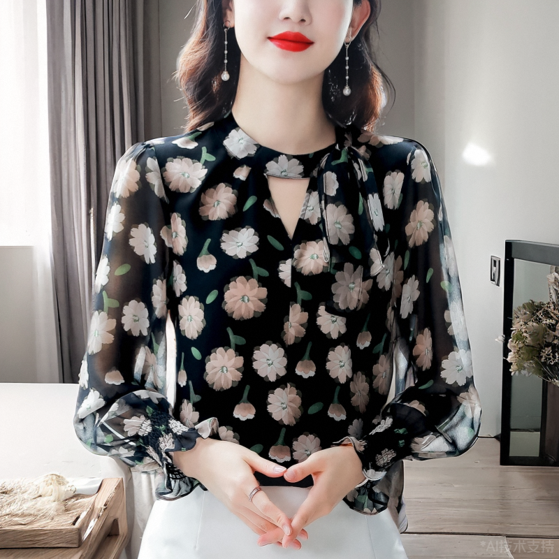 复古衬衫女长袖碎花女人味上衣春秋新款高档洋气时尚雪纺衬衣小衫