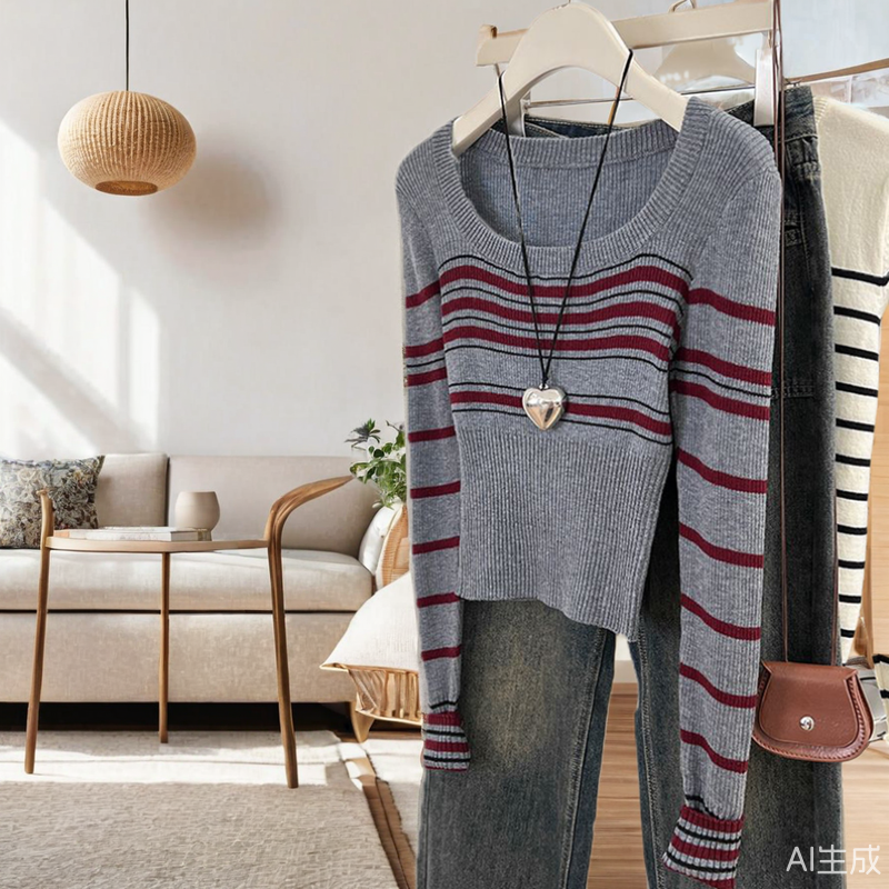 撞色条纹长袖针织衫女春秋冬新款韩系穿搭修身内搭打底衫T恤上衣