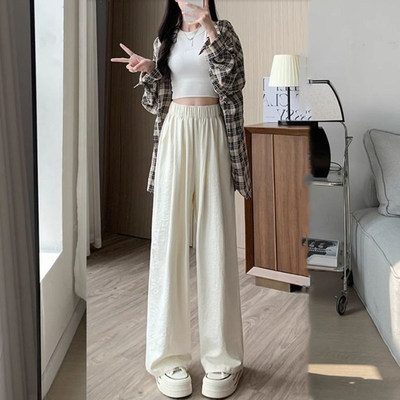 白色奶芙山本裤女春夏新款高腰垂感松弛肌理感直筒冰丝休闲阔腿裤