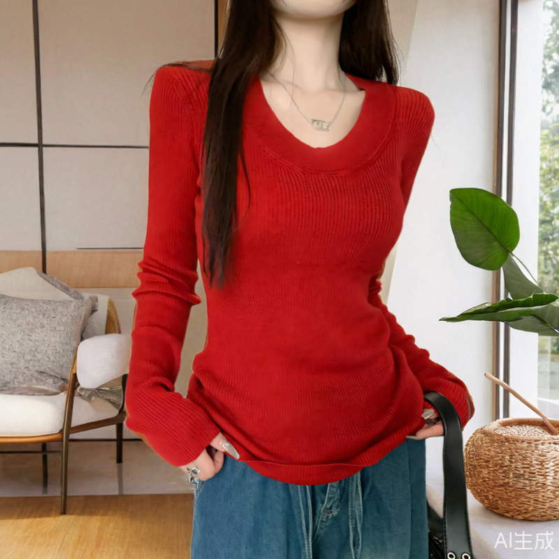 法式气质长袖针织衫女春秋冬修身显瘦内搭打底衫百搭ins套头上衣