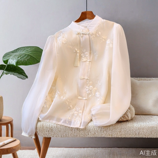 新中式国风雪纺衬衫女春秋广东普宁上班可穿汉服唐装配马面裙上衣